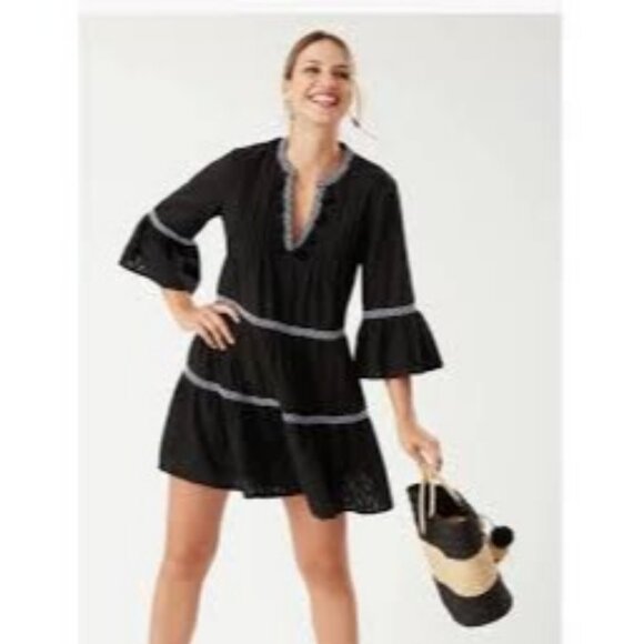 Tommy Bahama Black Embroidered Tiered Cotton Dress Small - Picture 2 of 8